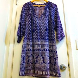 Roxy Ditsy Floral BoHo Shift Dress Open V-Neck With Drawstring 3/4 Sleeve Medium